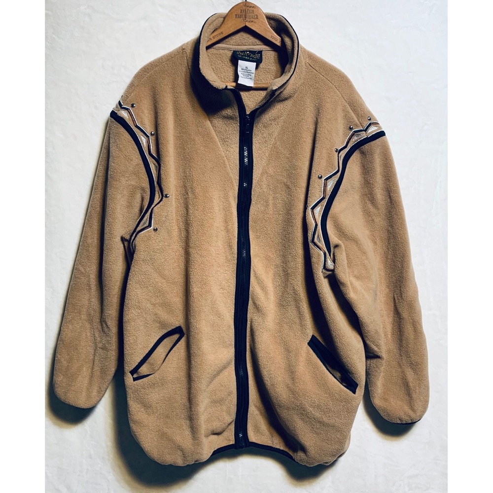 Bob Mackie Fleece Jacket Women XL Tan Wearable Art Western Studded Full Zip Mock